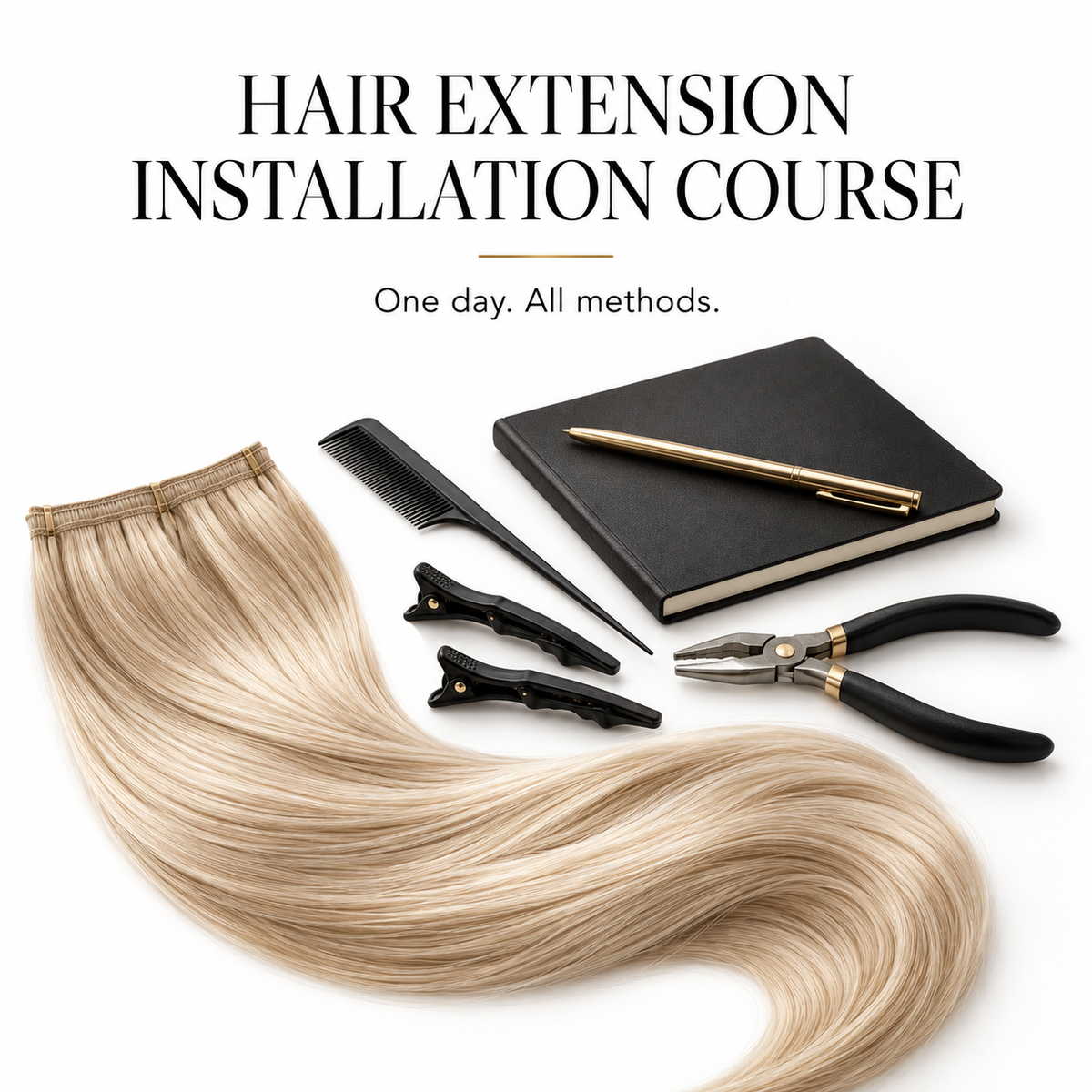 Hair extension installation course — one day, all methods; illustrative hair extensions and training tools