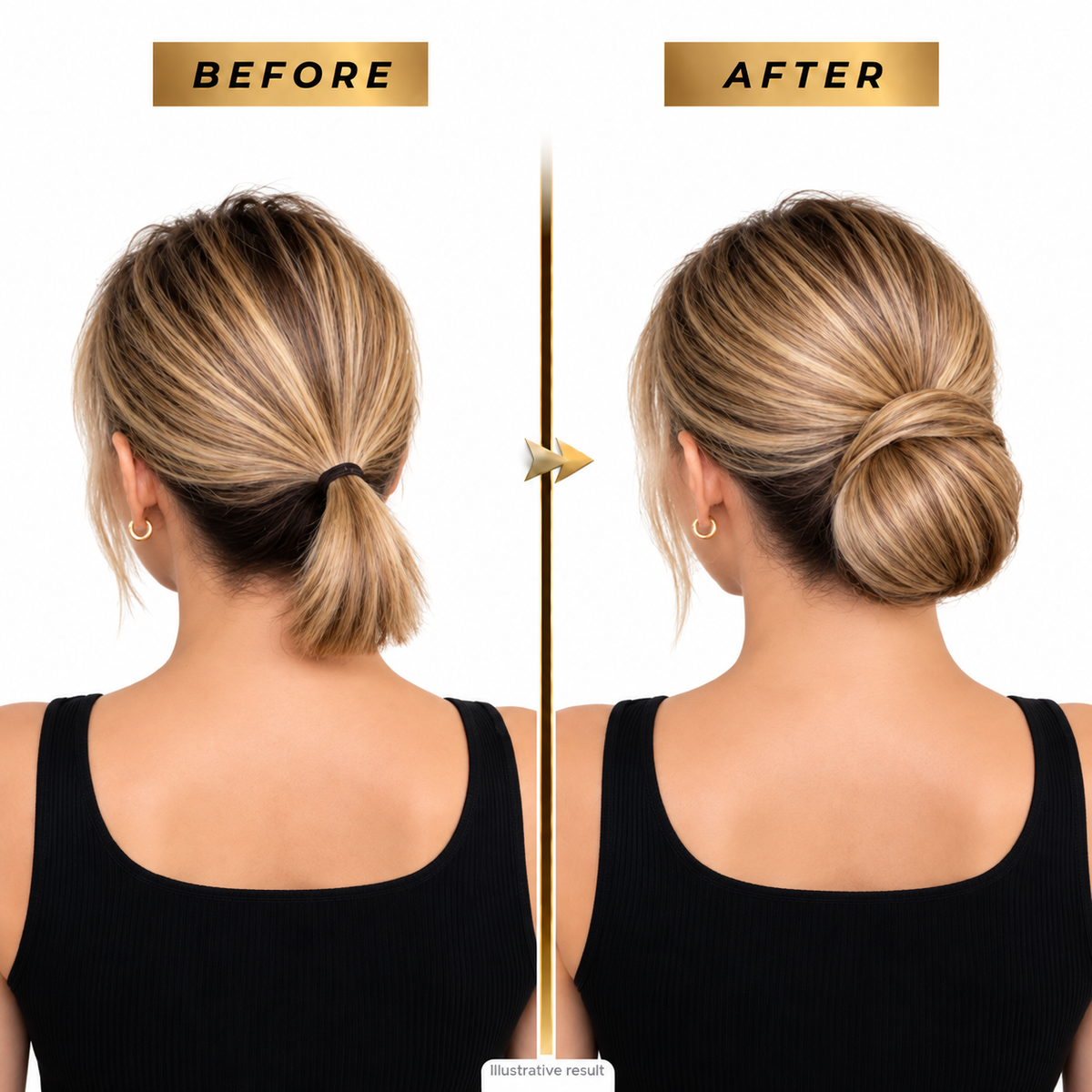 Perfect Hair Bun before and after in auburn