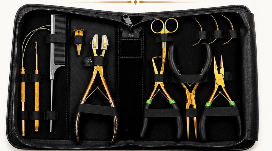 Professional gold hair-extension installation tools inside the black leather tool bag
