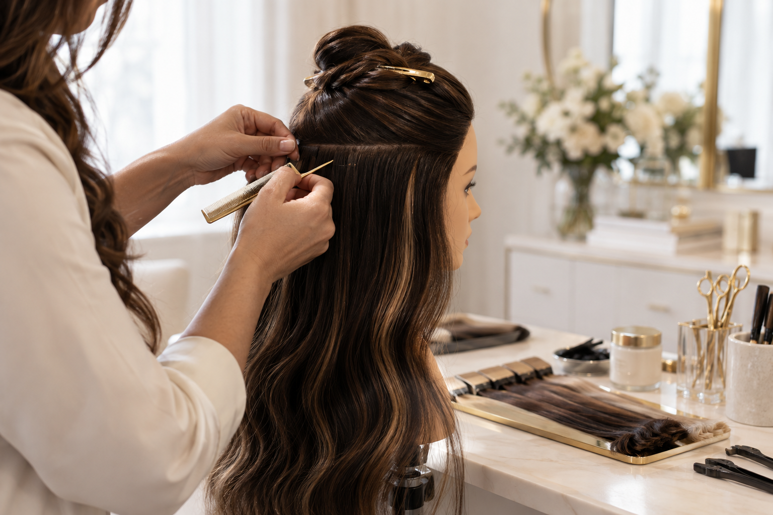 AI-generated editorial image of hair extension training on a mannequin