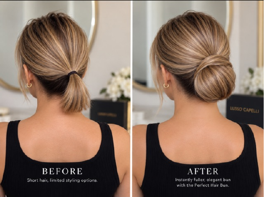 Perfect Hair Bun before and after on an adult model