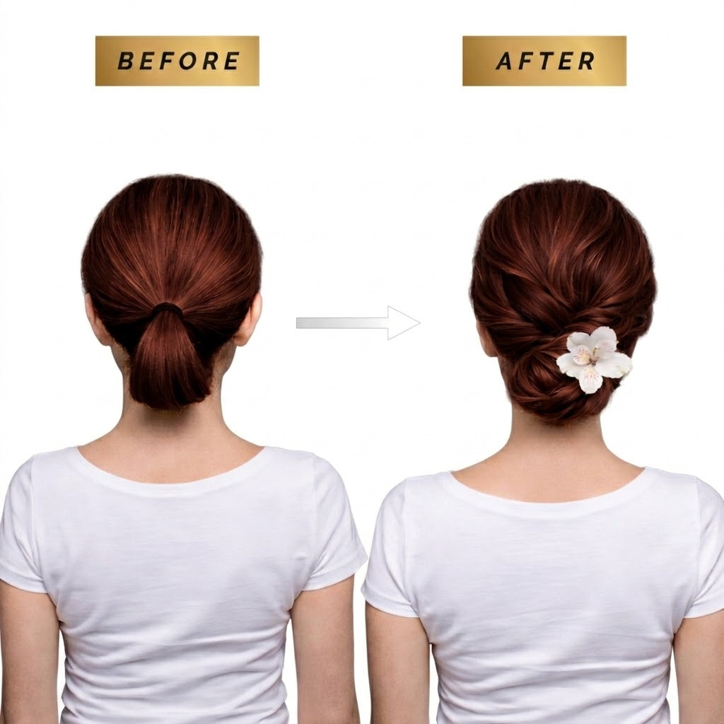Perfect Hair Bun before and after in auburn